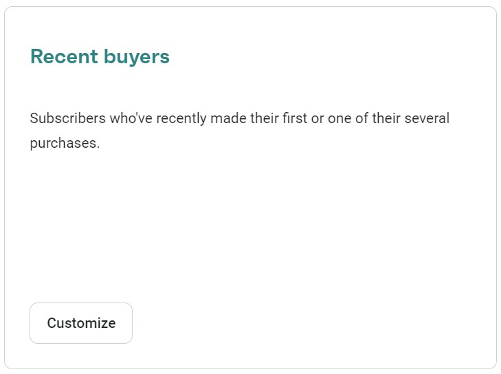 Email marketing campaign: A card titled Recent buyers with text explaining it lists subscribers whove recently made purchases. At the bottom left is a white Customize button. The card has a simple, minimal design.