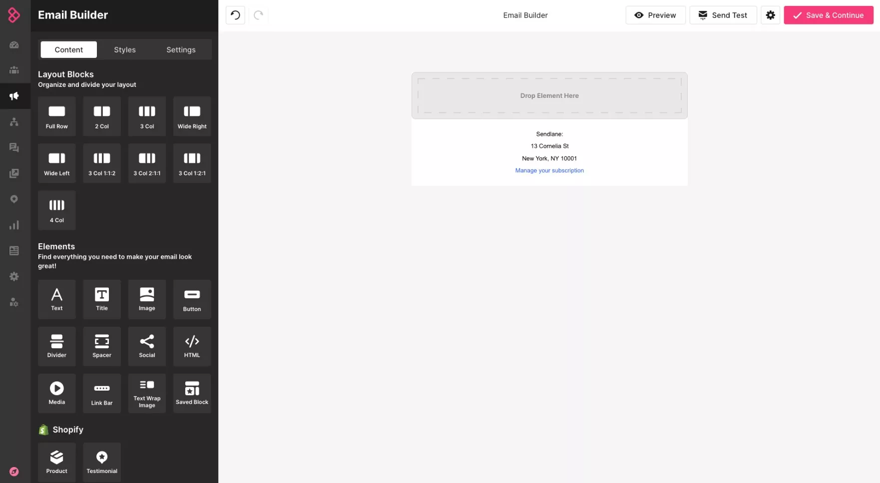 Brevo alternatives: Screenshot of an email builder interface. The left panel displays layout blocks and elements to drag and drop. The main area shows a sample email with sender info, unsubscribe link, and a “Drop Element Here” box.