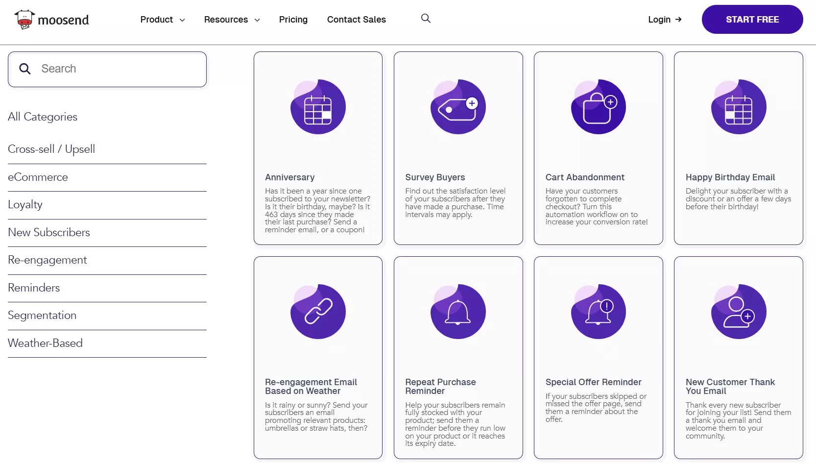 Brevo alternatives: A dashboard for Moosend displays various email marketing automation templates, such as Anniversary, Survey Buyers, Cart Abandonment, Happy Birthday Email, Re-engagement by Weather, Repeat Purchase Reminder, and Special Offer Reminder.