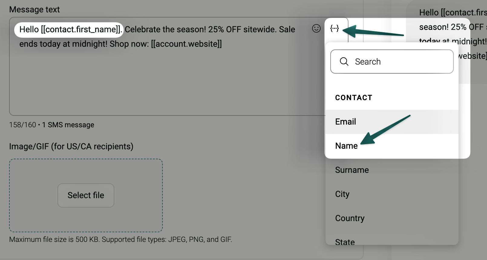 Shopify SMS: Screenshot of an email editor showing a template with the placeholder “Hello {{contact.first_name}}.” An arrow points to “Name” in a dropdown menu for inserting personalized contact fields.