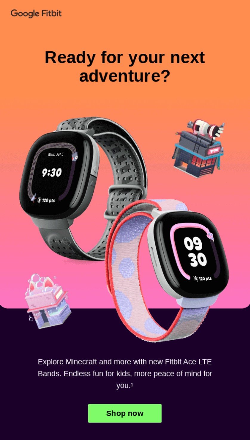 Email marketing campaign: Two Fitbit Ace LTE smartwatches with different bands are displayed against an orange and pink gradient background, surrounded by cartoon Minecraft items. Text invites kids to explore Minecraft and shop now.