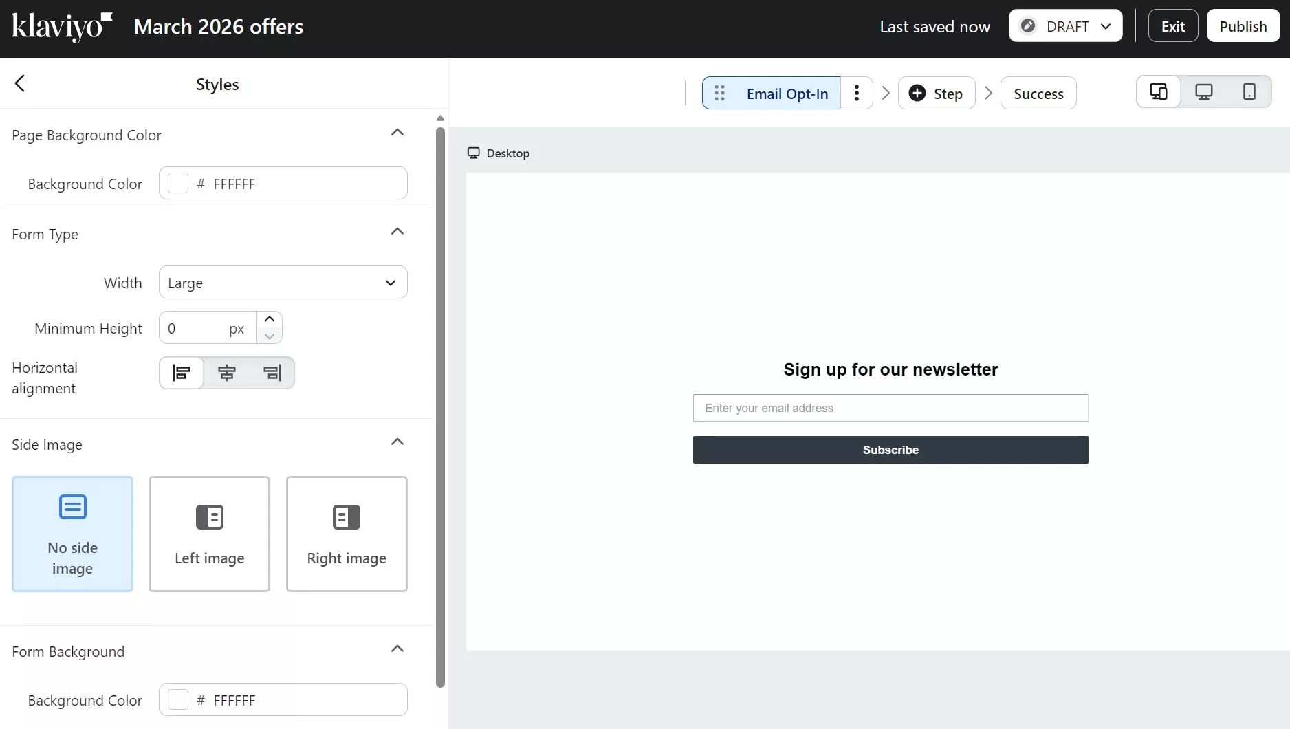 Omnisend vs Klaviyo: Screenshot of a Klaviyo email signup form editor. The screen shows customization options on the left and a preview of a Sign up for our newsletter form with an email input and Subscribe button on the right.