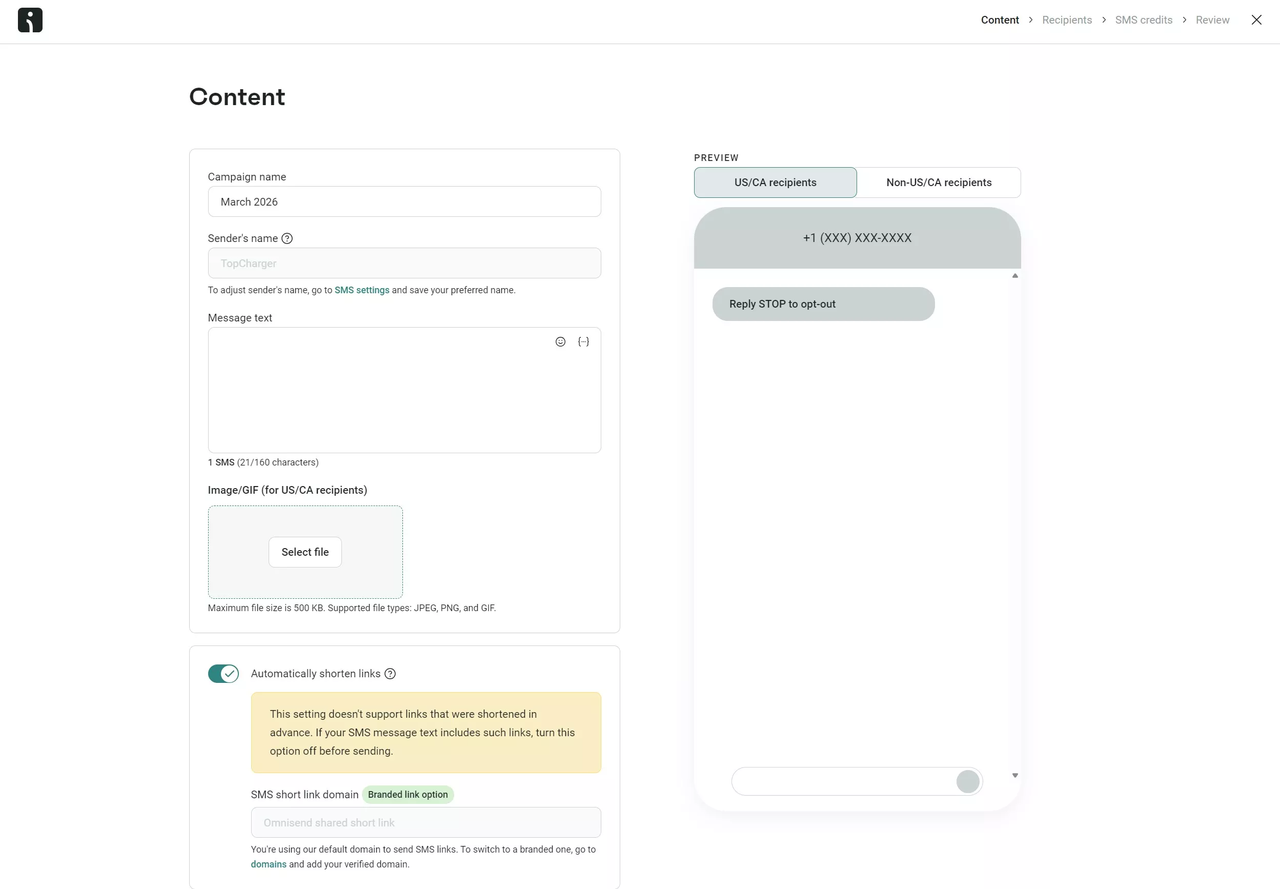 Omnisend vs Klaviyo: A webpage shows an SMS campaign setup with fields for campaign name, sender’s name, message text, image upload, and link options. A phone preview on the right displays a sample SMS message conversation.