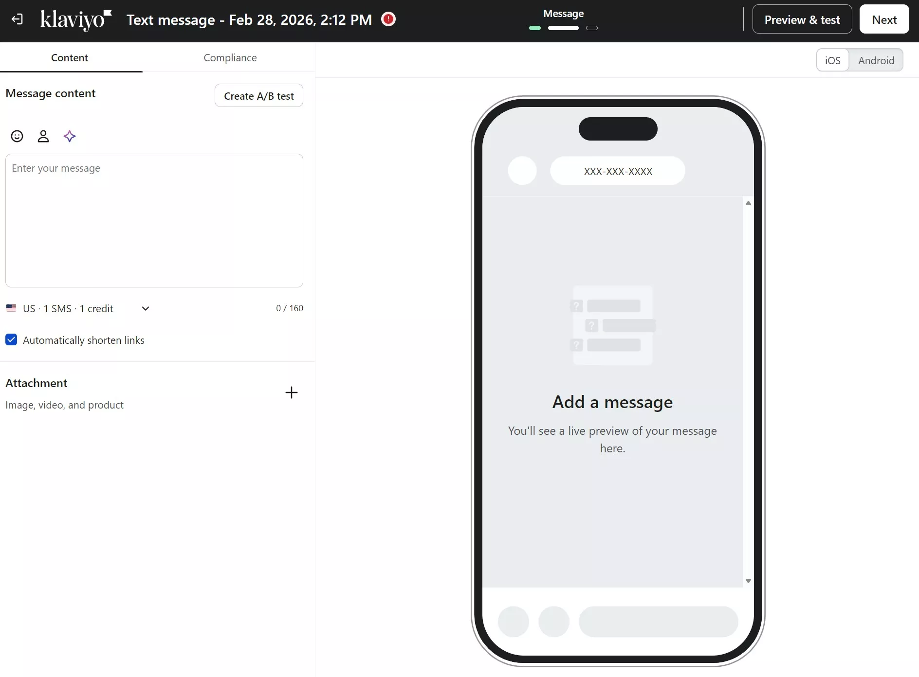 Omnisend vs Klaviyo: Screenshot of the Klaviyo platforms text message editor, showing a preview of a mobile phone with a placeholder for a message and phone number, and options to enter message content and add attachments on the left.