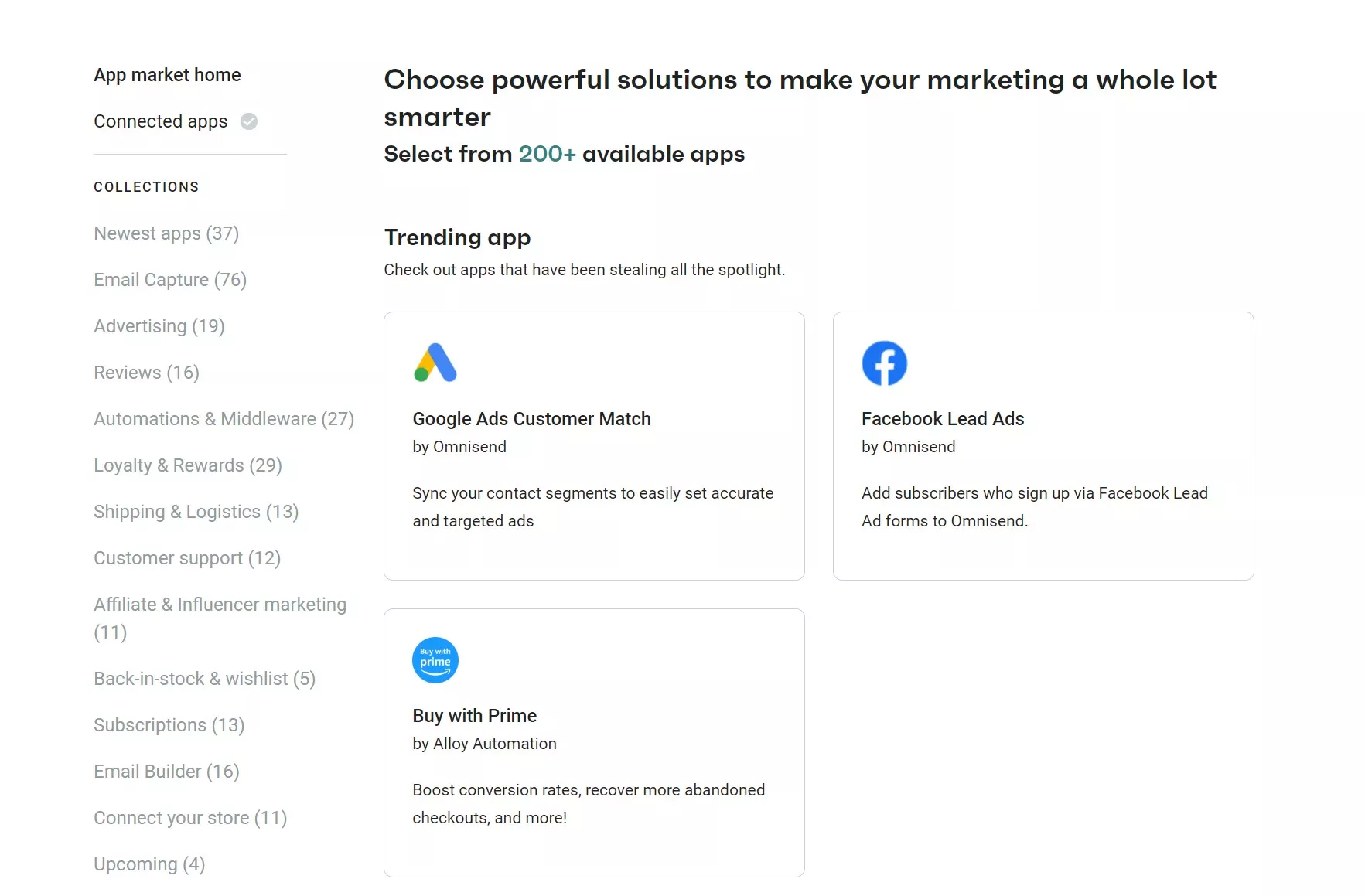Omnisend vs Klaviyo: A webpage shows a list of marketing app collections on the left and features three trending apps—Google Ads Customer Match, Facebook Lead Ads, and Buy with Prime—highlighted in white boxes on the right.
