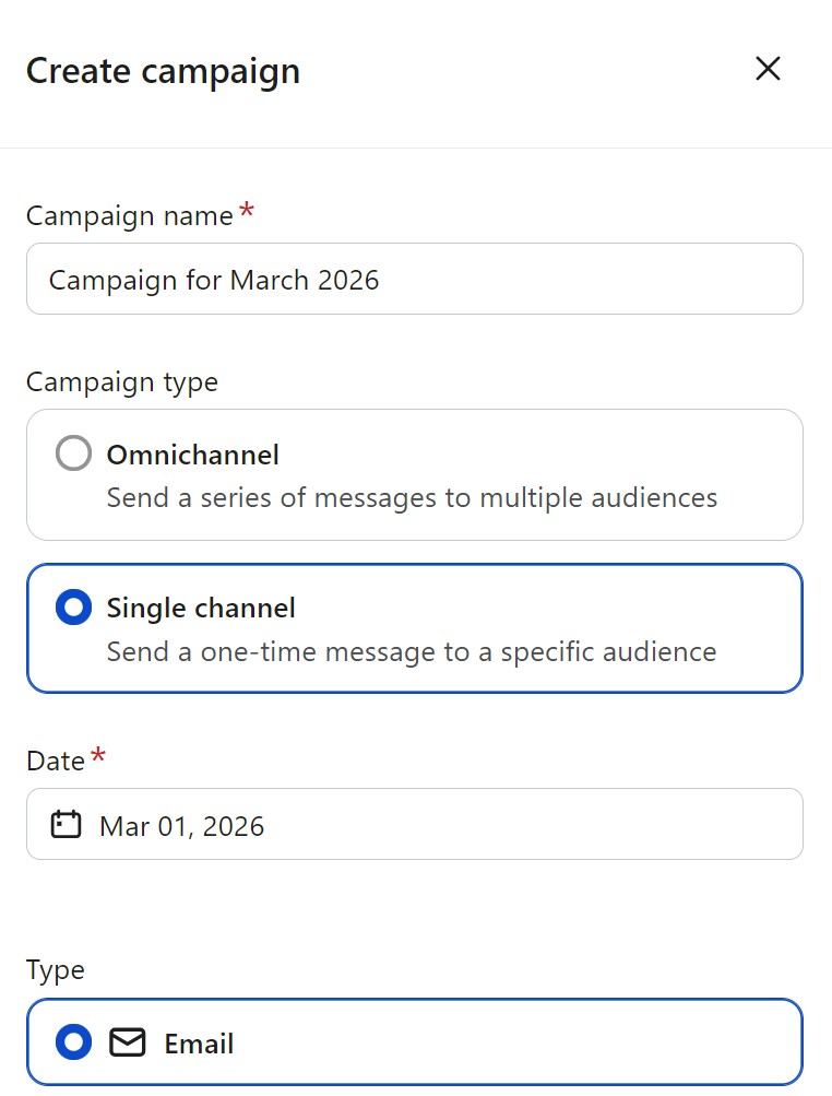 Omnisend vs Klaviyo: A form titled Create campaign with fields for campaign name, campaign type (omnichannel or single channel), date set to Mar 01, 2026, and type set to Email. Single channel and Email are selected.