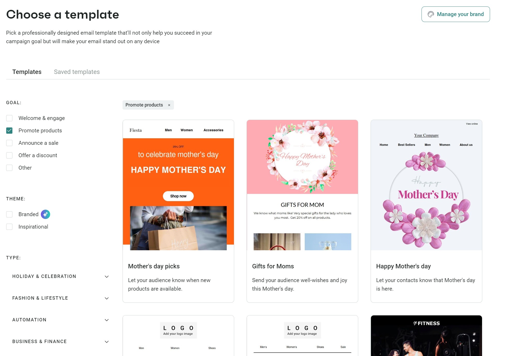 Email marketing campaign: A website page displays various Mothers Day-themed marketing templates, including floral designs and gift suggestions, under the Promote products filter. Sidebar menu options and a Manage your brand button are visible.