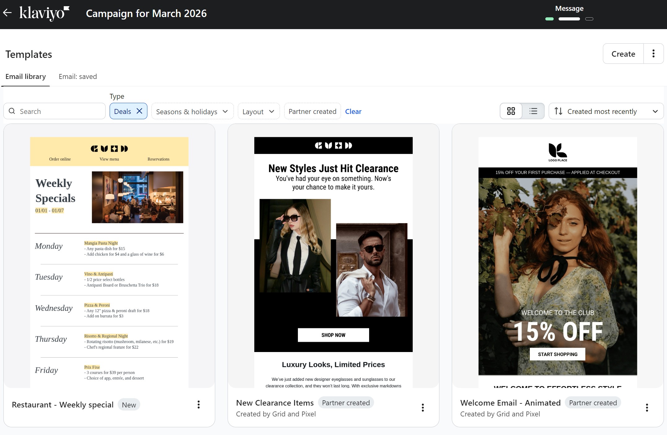Omnisend vs Klaviyo: Screenshot of an email template library in Klaviyo, showing three templates: a weekly specials menu, a fashion clearance sale, and a welcome email offering 15% off, with preview images and layout details.