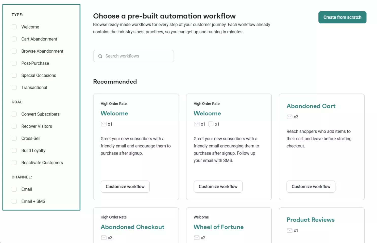 Brevo alternatives: A webpage displays options for pre-built automation workflows, with filters on the left for type and channel. The main area shows workflow cards such as Welcome, Abandoned Cart, and Abandoned Checkout.