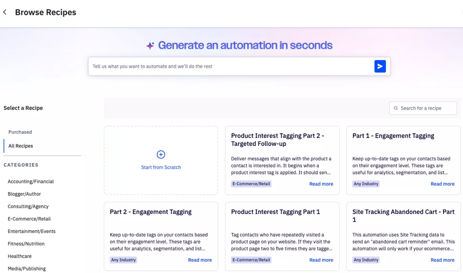 Brevo alternatives: Screenshot of a web page titled Browse Recipes featuring a search bar and automation suggestions. Categories are listed on the left, and recipe cards for tagging and engagement strategies appear on the right.