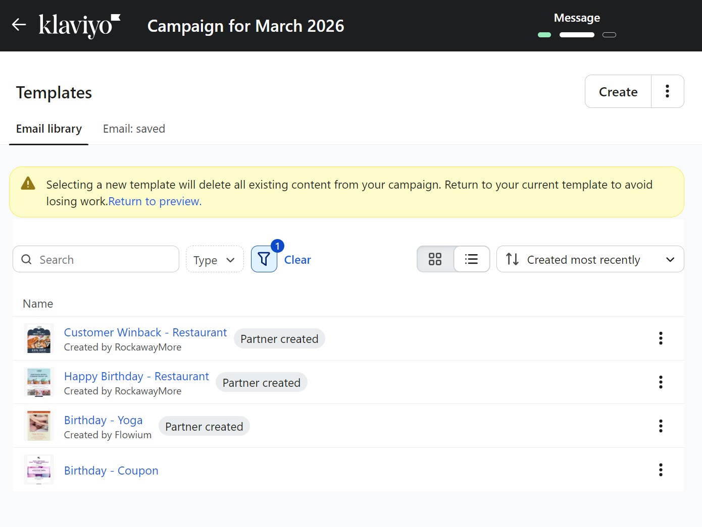Omnisend vs Klaviyo: A screenshot of the Klaviyo platform showing the Campaign for March 2026 email library. Four email templates are listed, including winback and birthday themes, with a yellow warning about deleting templates.