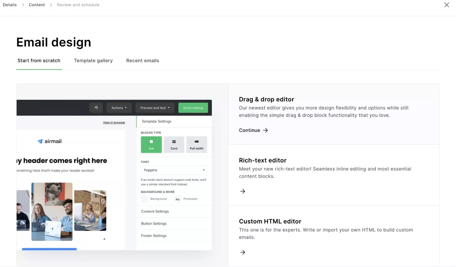 Brevo alternatives: Screenshot of an email design platform showing options to start from scratch, use templates, or view recent emails. The screen displays a drag & drop editor and descriptions for rich-text and HTML editing tools.