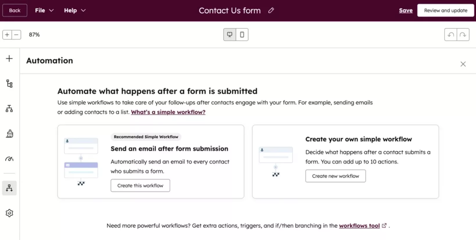 Brevo alternatives: A website interface displays automation options for a contact form. Options include sending an email after form submission or creating a custom workflow. Buttons to Create this workflow are visible, with menu options at the top right.
