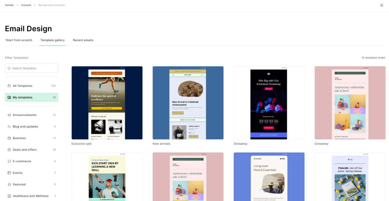 Klaviyo alternatives: Screenshot of an email design platform showing a gallery of colorful email templates, including categories like exclusive sale, new arrivals, and giveaway, with filter and search options on the left sidebar.