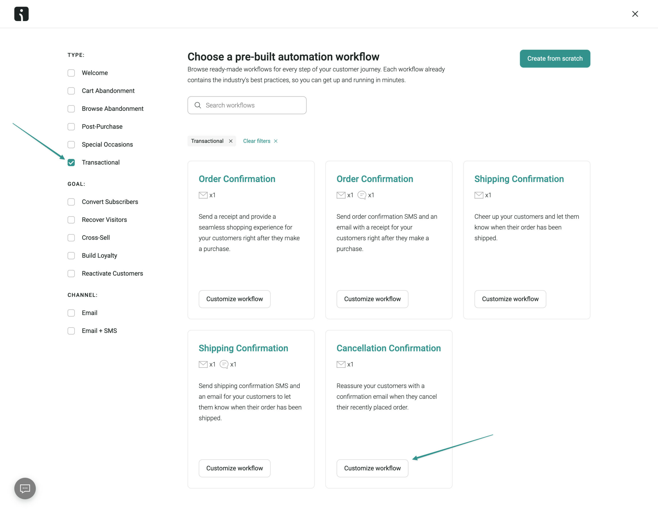 Transactional email: A user interface displays options for choosing a pre-built automation workflow, with categories on the left and several workflow cards (Order Confirmation, Shipping Confirmation, etc.) in the center. Two cards are highlighted with arrows.