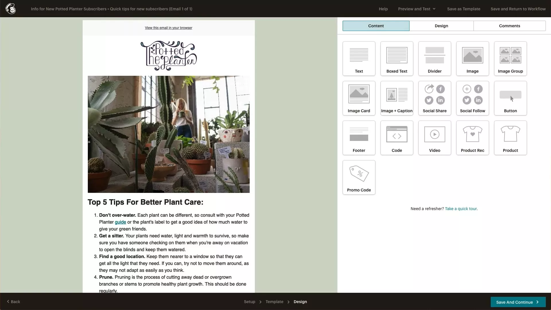 Brevo alternatives: Screenshot of an email newsletter editor showing a plant care newsletter draft on the left and a menu of content block options (like text, image, button) on the right. The newsletter includes images of plants and care tips.