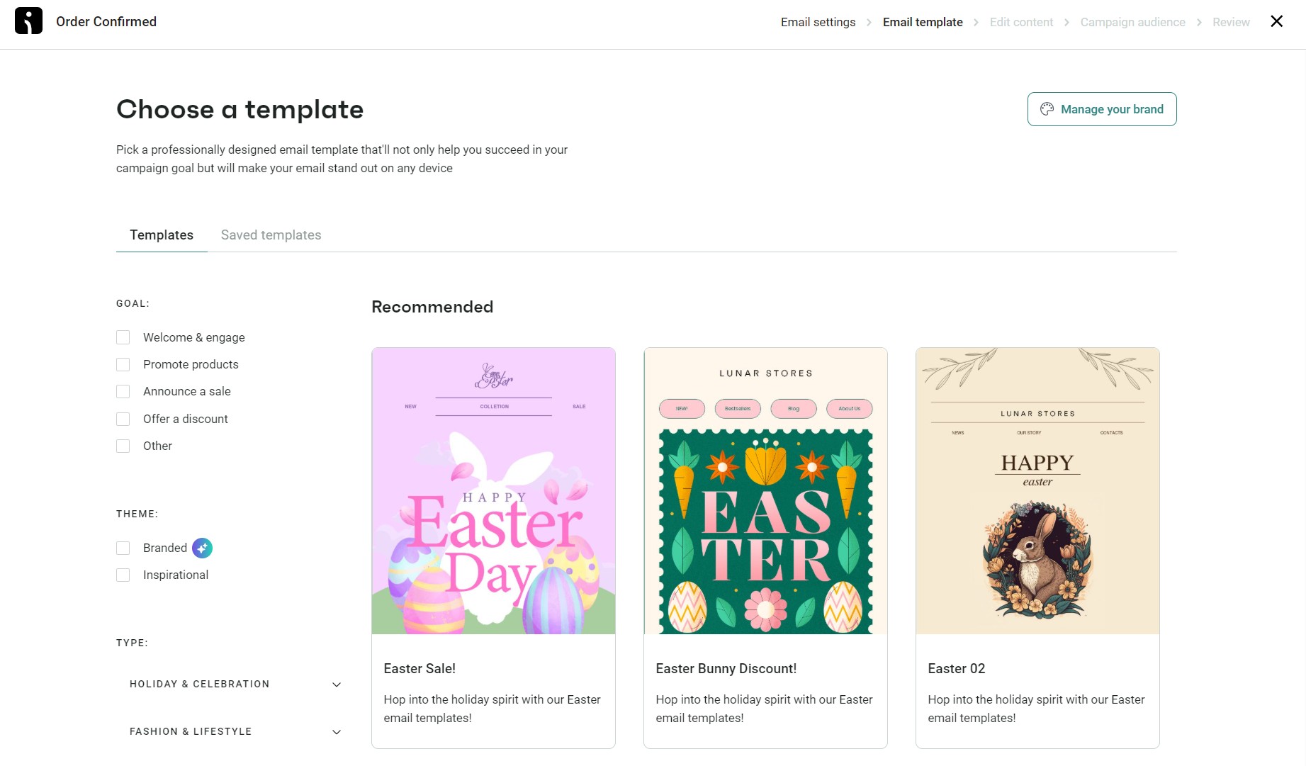 Omnisend vs. Mailchimp: A webpage displays a selection of Easter-themed email templates, including colorful designs with flowers, bunnies, and eggs. Sections allow filtering by theme, and options to manage or select templates are visible at the top.