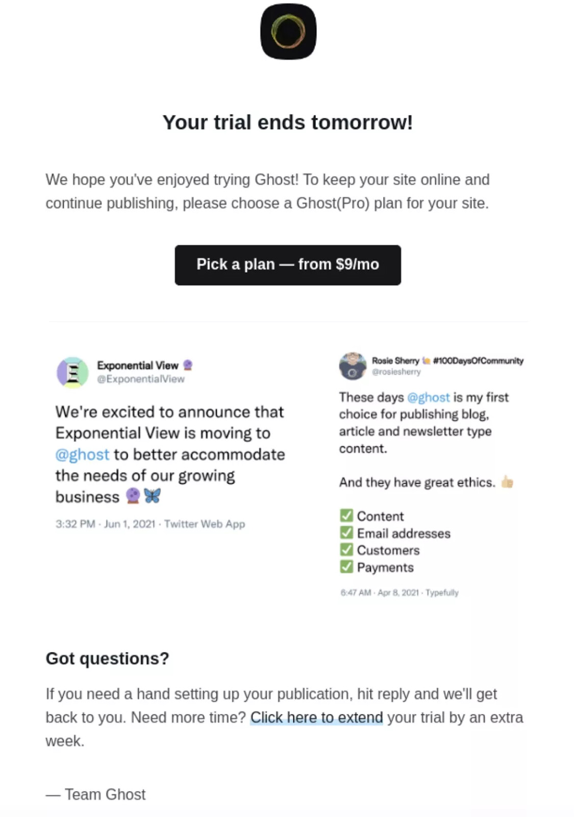 Transactional email: A notification email from Ghost states