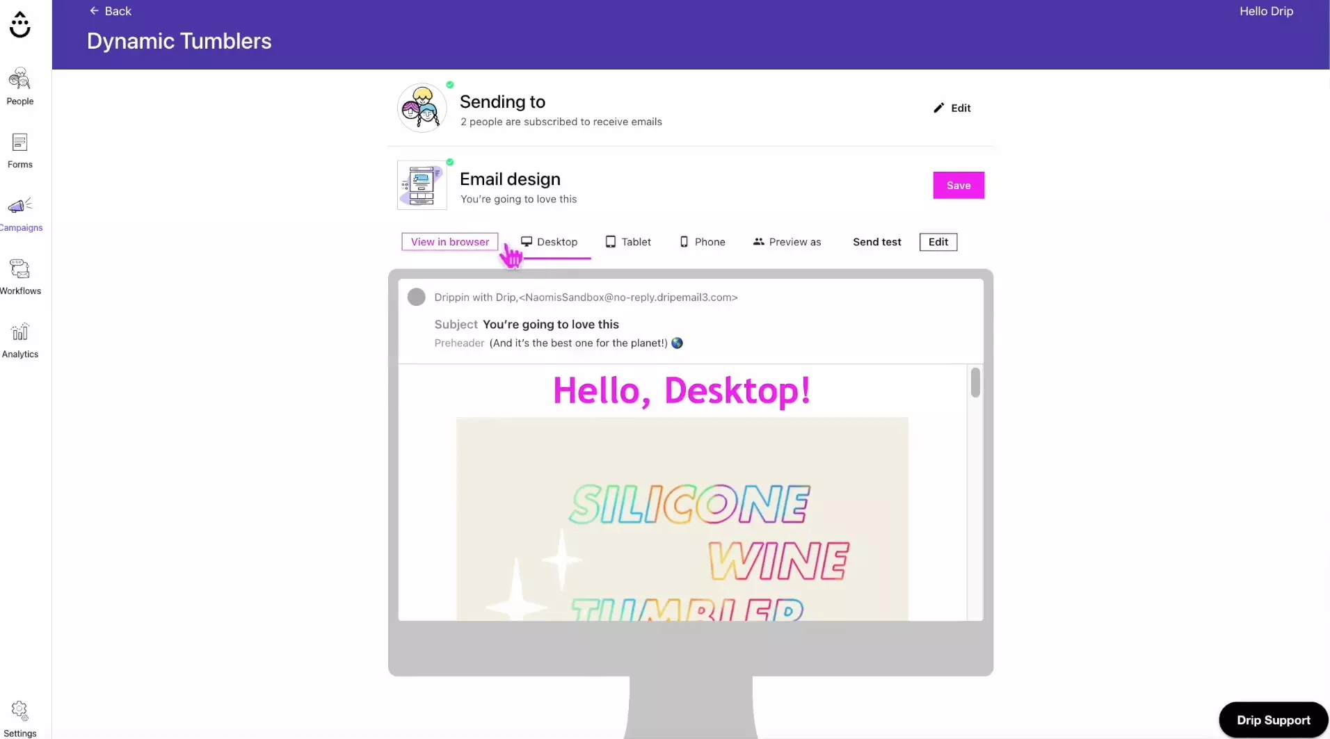 Brevo alternatives: A computer screen displays an email design preview in a web-based email editor called Dynamic Tumblers, showing a colorful message that says Hello, Desktop! SILICONE WINE TUMBLER.