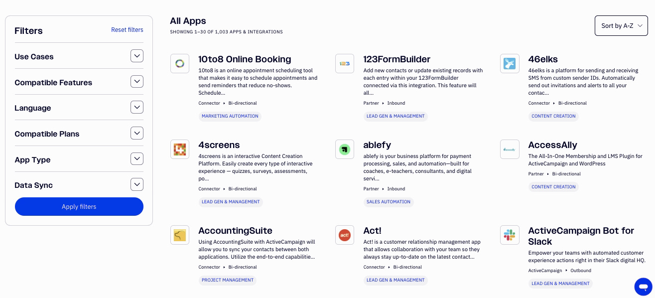 Klaviyo alternatives: ActiveCampaign integrations marketplace showing app directory with filters
