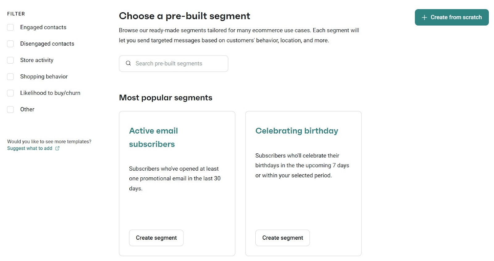 Email list segmentation page with pre-built subscriber segments for ecommerce marketing