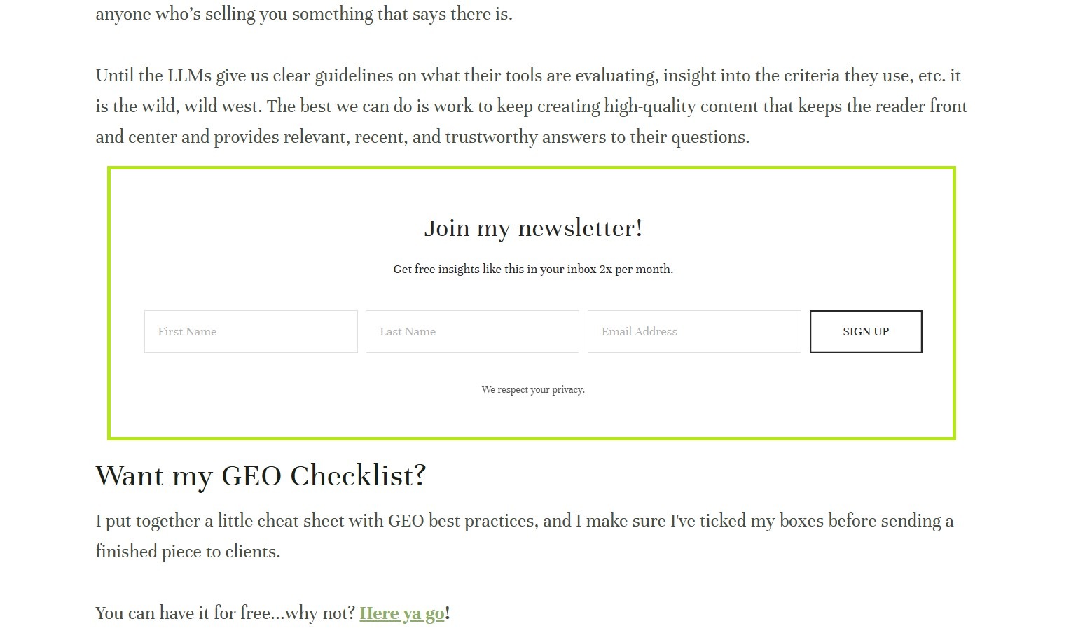 Email list signup form embedded in a blog post with newsletter fields and sign-up button