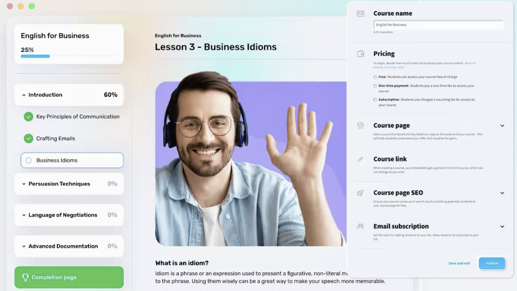 Klaviyo alternatives: GetResponse course creator editor with video lesson, pricing settings, and course SEO panel