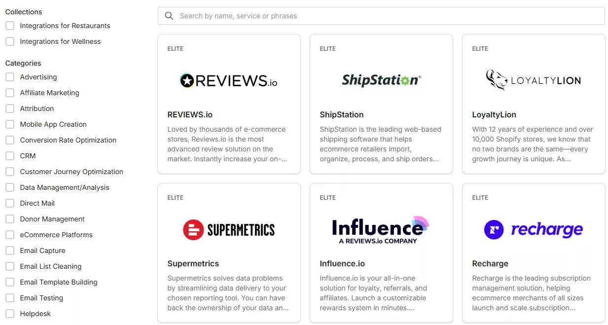 Klaviyo app directory showing integrations like Reviews.io, ShipStation, LoyaltyLion, and Recharge
