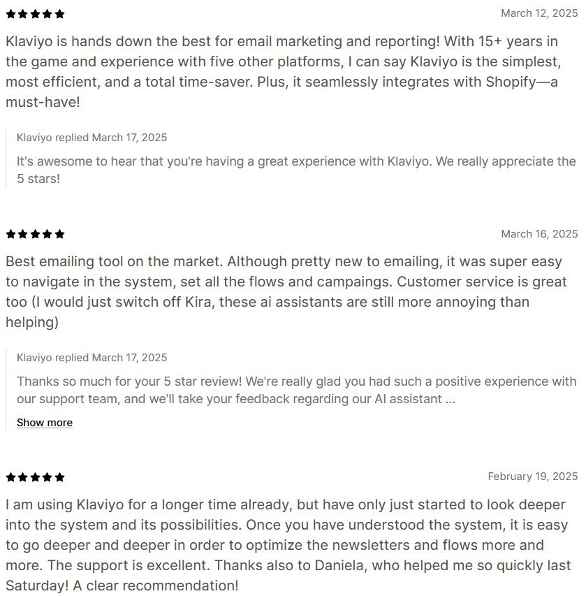 Best email marketing for Shopify: A screenshot of Klaviyo user reviews shows positive feedback, high ratings, and praise for its email marketing features, support team, and easy integration with Shopify. Star icons and reply responses from Klaviyo are also visible.