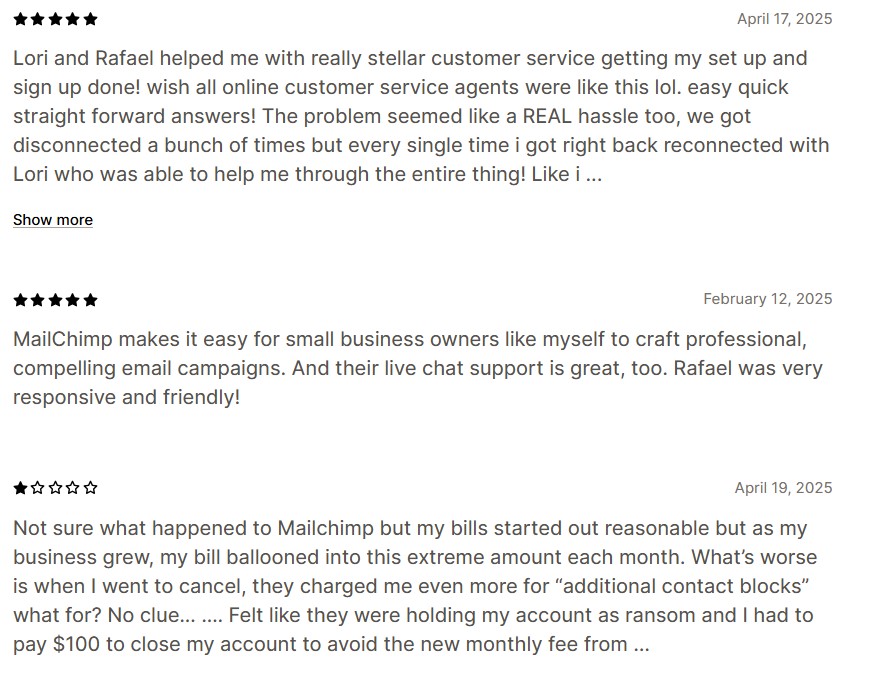 Best email marketing for Shopify: Screenshot of three customer reviews for a service. The first and second reviews are positive, praising customer support and ease of use. The third review is negative, citing confusing billing and unexpected fees. Dates range from 2024 to 2025.