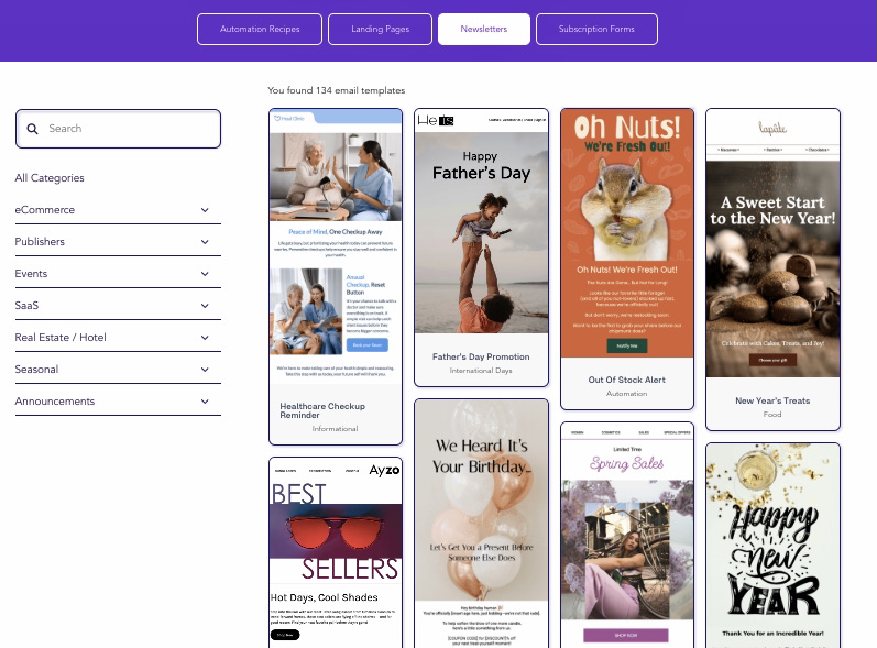 Klaviyo alternatives: A website page displays a selection of colorful email newsletter templates in various styles and themes, with categories and a search bar on the left and navigation tabs labeled Automation Recipes, Landing Pages, Newsletters, and Subscription Forms at the top.
