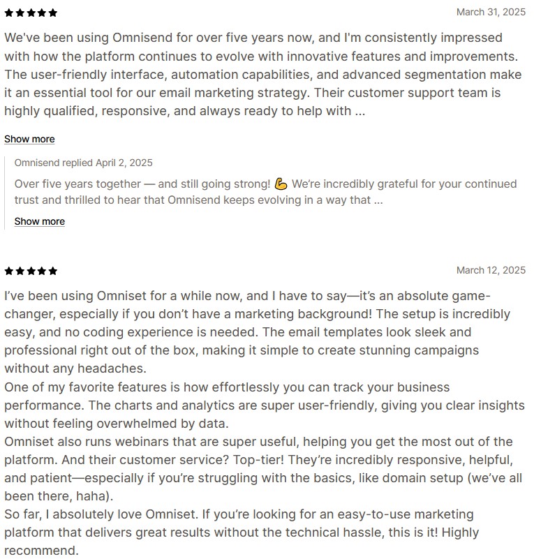 Best email marketing for Shopify: Two five-star reviews for Omnisend are shown. The first praises its features, automation, and customer support. The second highlights ease of use, helpful support, email templates, and marketing webinars, recommending Omnisend for marketing.