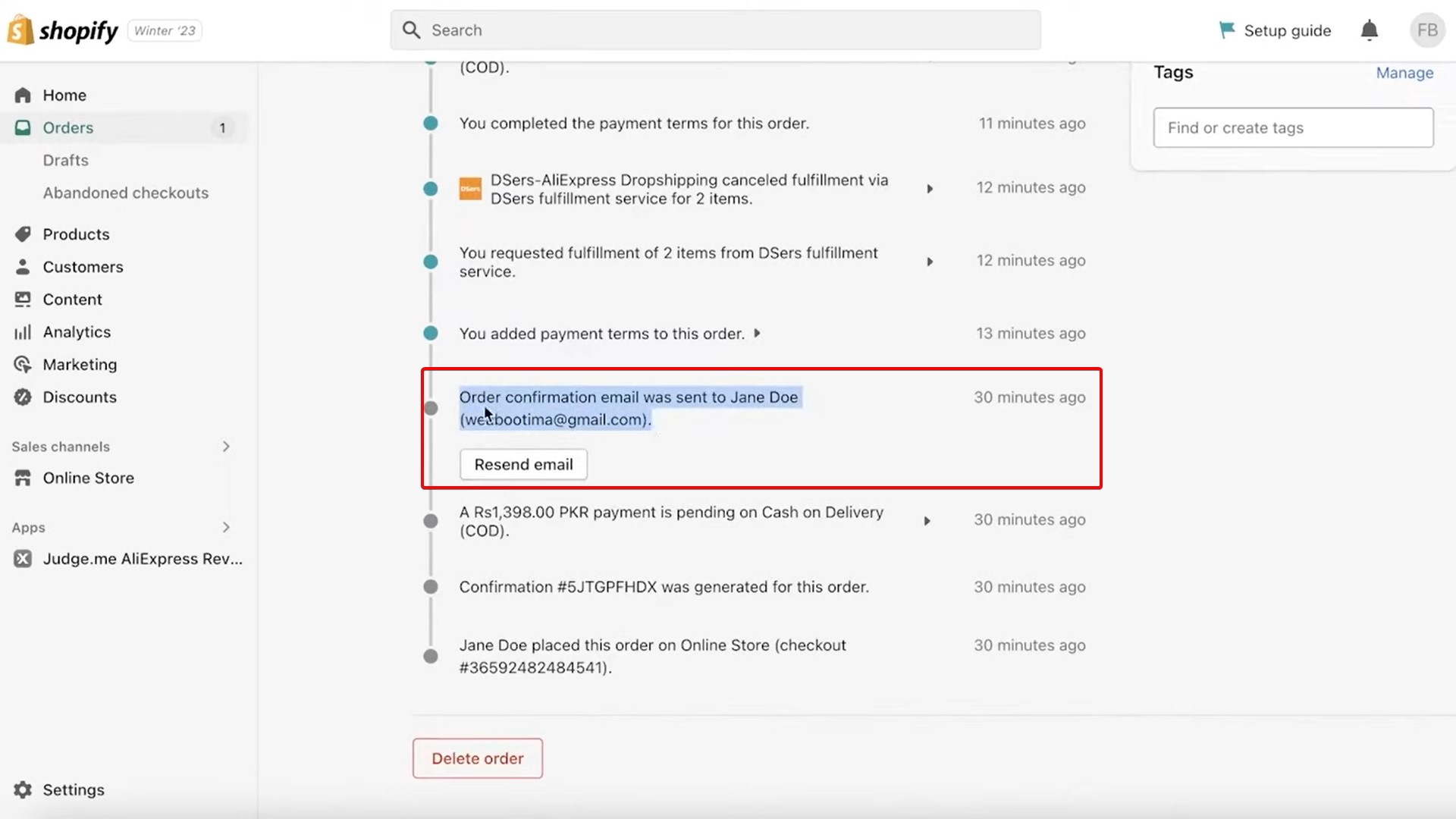Shopify order confirmation emails: Resend email manually