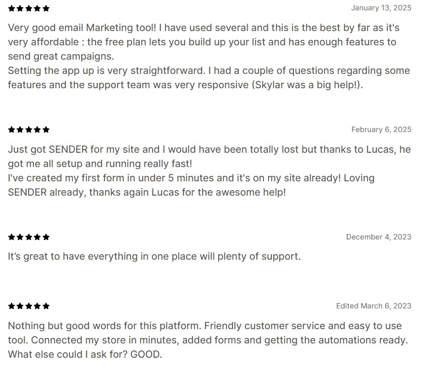 Best email marketing for Shopify: A screenshot showing four positive user reviews for an email marketing platform, praising its features, customer support, ease of use, and quick setup. Dates of reviews range from December 2023 to February 2025.