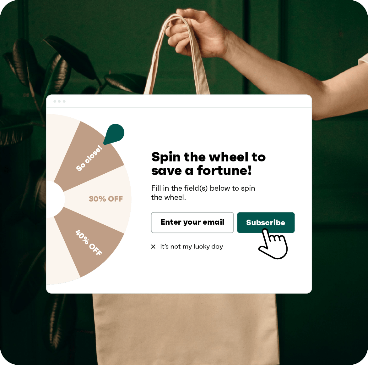 Email list spin-to-win popup with discount wheel and subscribe form for ecommerce shoppers