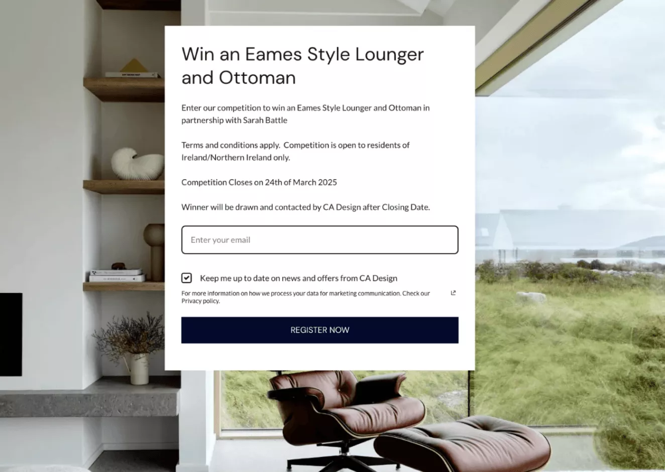 Email list giveaway popup for furniture contest with email signup and opt-in checkbox