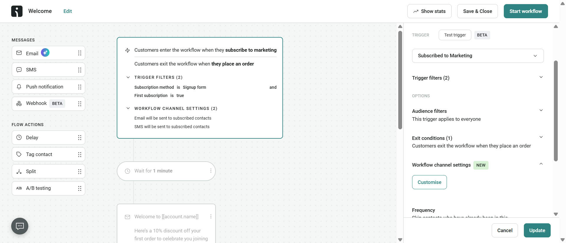 Email list welcome workflow builder with subscription trigger, delay, and automated message steps
