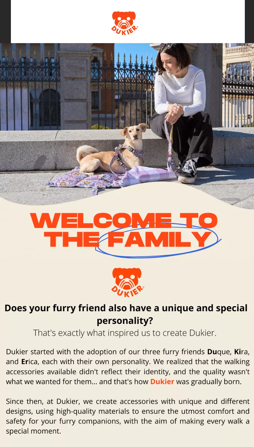 Email segmentation: A small brown and white dog lies on a purple blanket next to a woman sitting on outdoor steps. Bold text reads Welcome to the family above a paragraph about the inspiration for Dukier pet accessories.