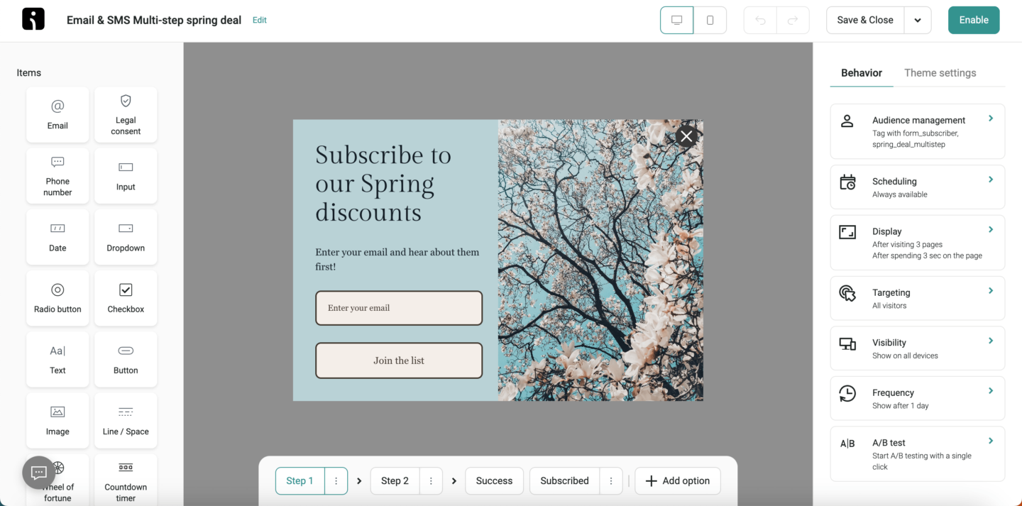 Email list popup builder for a spring discount signup form with email and SMS steps
