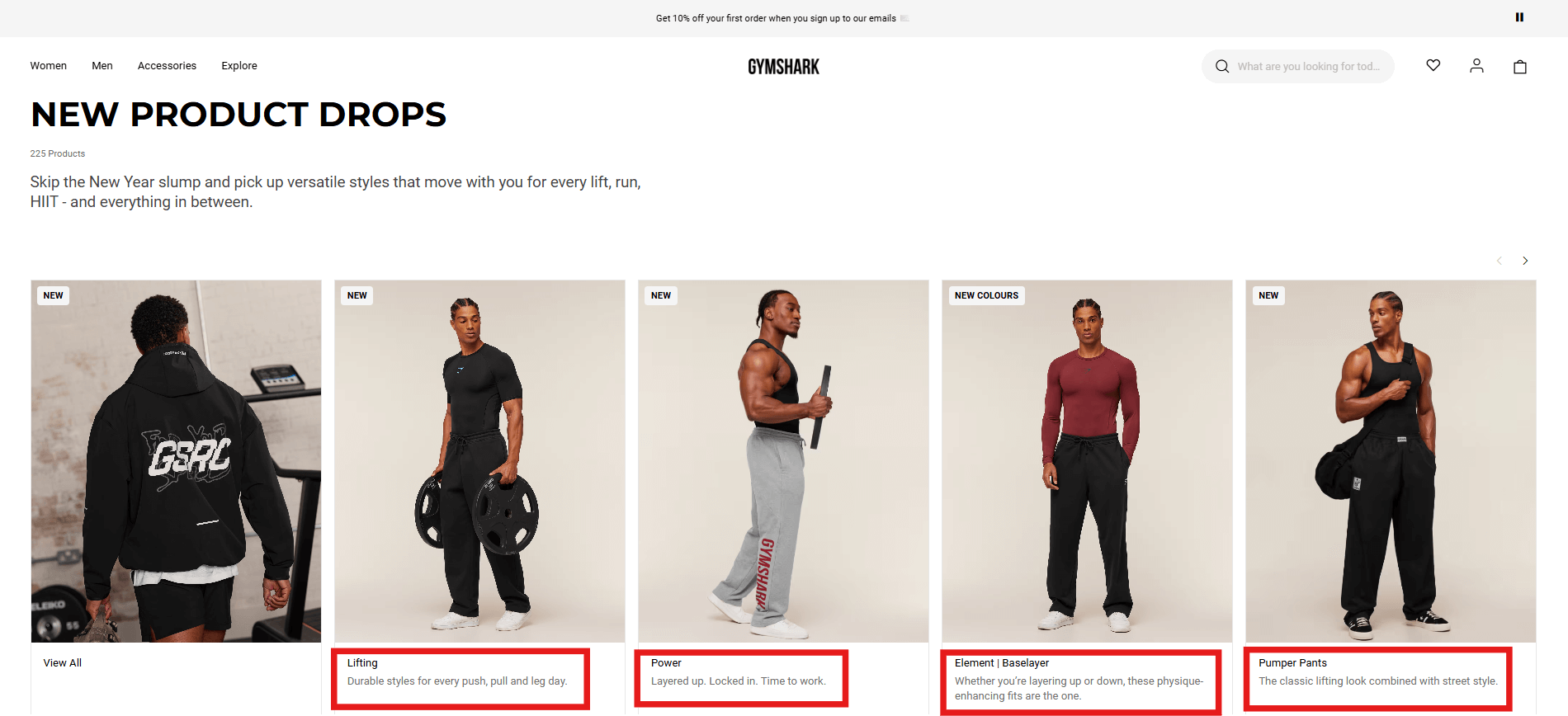Shopify stores: Screenshot of the Gymshark New Product Drops page showing four men modeling new activewear, including jackets, t-shirts, joggers, and pants, each in a separate panel with product names and descriptions.