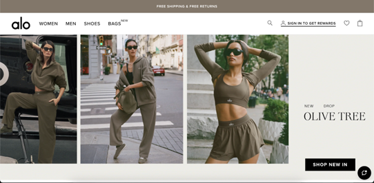 Shopify stores: Three women pose in stylish olive green athleisure outfits on urban streets; each wears sunglasses and different pieces from a matching set. The right side of the image advertises the Olive Tree collection by alo.