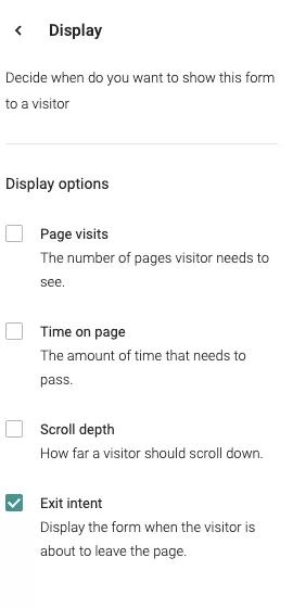 Email list popup display settings with exit intent trigger selected for ecommerce signup forms