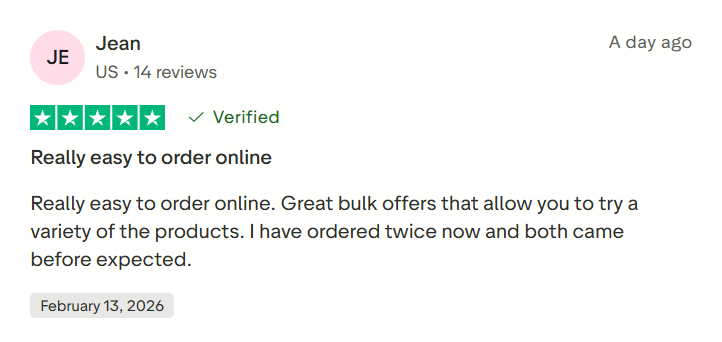 Shopify stores: A customer review by Jean gives a 5-star rating, states the service is verified, and praises the easy online ordering and fast delivery. The review date is February 13, 2026.