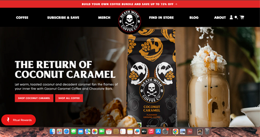 Shopify stores: A website banner for Death Wish Coffee’s coconut caramel flavor features a bag of coffee with a skull logo and a glass of iced coffee topped with whipped cream and caramel drizzle. Text announces The Return of Coconut Caramel.