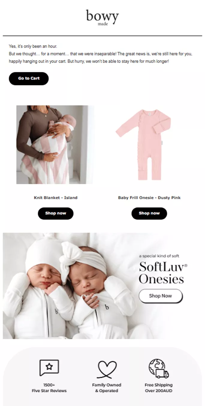 Email segmentation: Screenshot of an email from bowy featuring baby products, including a knit blanket, pink onesie, and SoftLuv onesies. Images show babies in the products, with buttons for shopping and icons highlighting reviews, family ownership, and free shipping.
