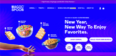Shopify stores: A vibrant Magic Spoon website banner shows bowls of protein cereal, protein granola, and protein pastries on a purple background with text: New Year, New Way To Enjoy Favorites. Buttons read Shop Cereal and Build Your Own Bundle.