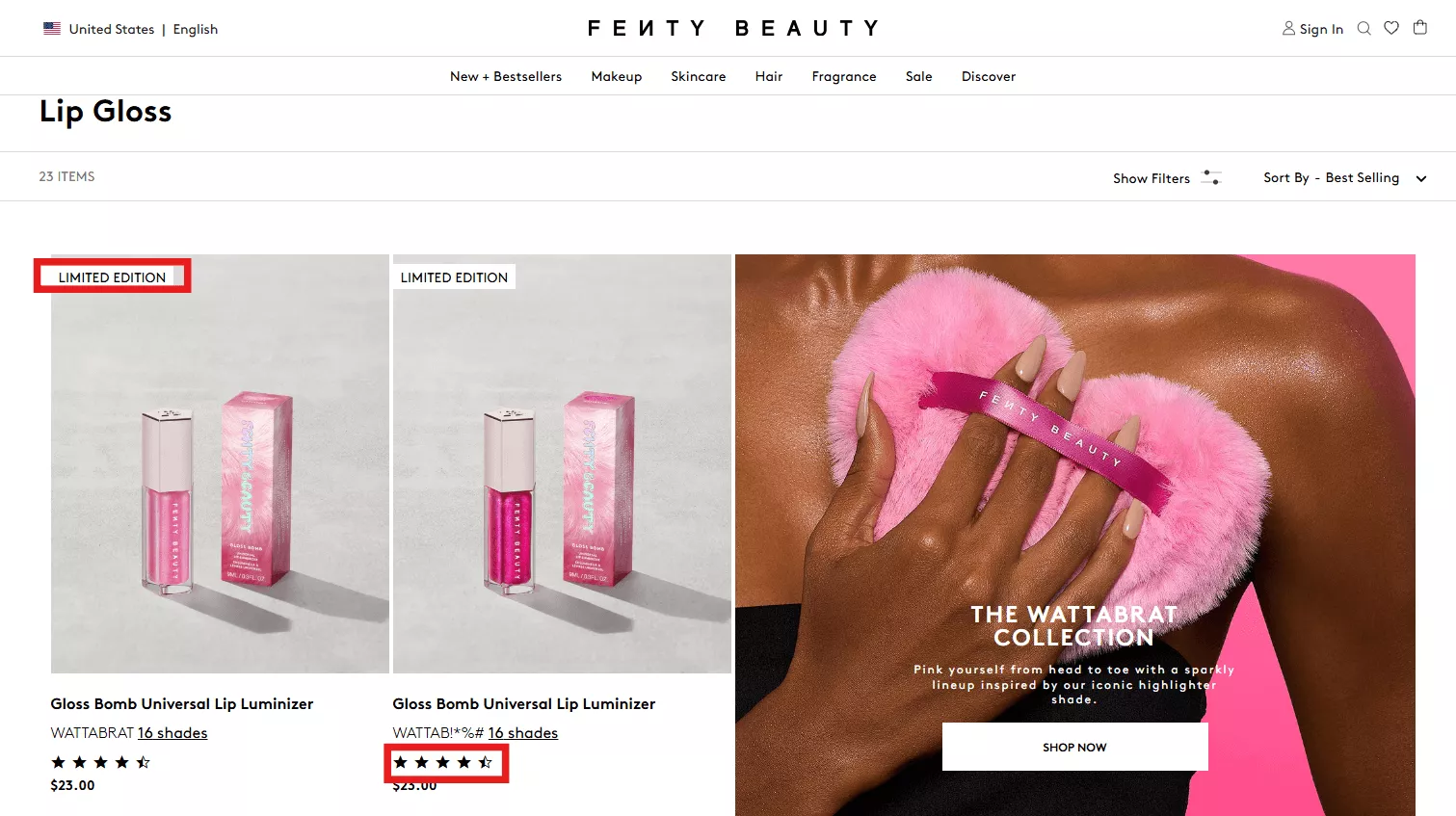 Shopify stores: Screenshot of Fenty Beauty’s lip gloss page showing two limited edition Gloss Bomb Universal Lip Luminizers and a promo image of a hand holding a pink fluffy makeup puff for The Wattabratt Collection.