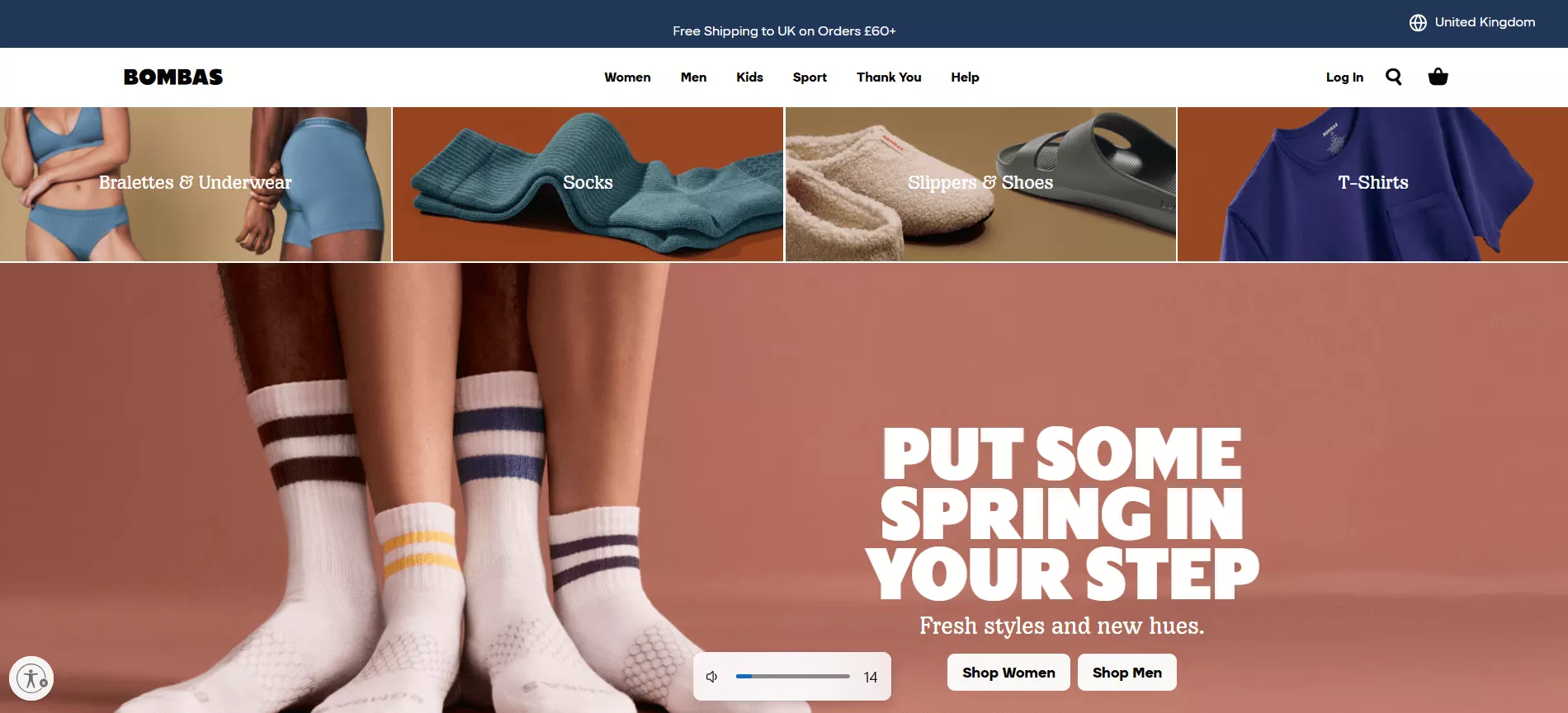 Shopify stores: Screenshot of the Bombas website homepage showing categories like Bralettes & Underwear, Socks, Slippers & Shoes, and T-Shirts, with a main banner image of legs wearing colorful socks and the text “Put some spring in your step.”.