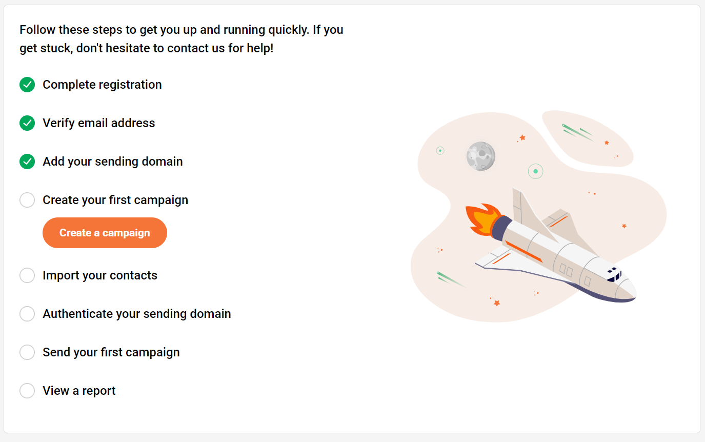 Mailchimp alternatives: Checklist for setting up an email campaign, with tasks like registration and adding a sending domain. Some tasks are checked off. An illustrated rocket ship is shown launching on the right side.