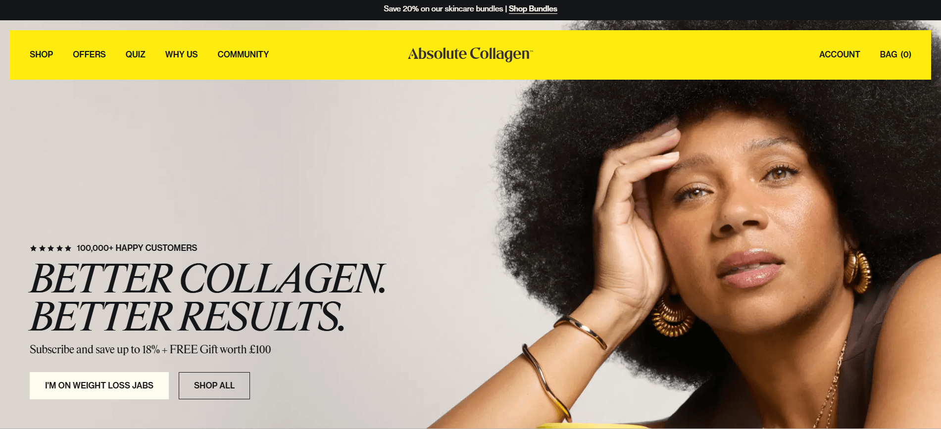 Shopify stores: A woman with a natural afro hairstyle poses thoughtfully against a light background. Text on the image promotes Absolute Collagen with offers and navigation links in a yellow banner at the top.